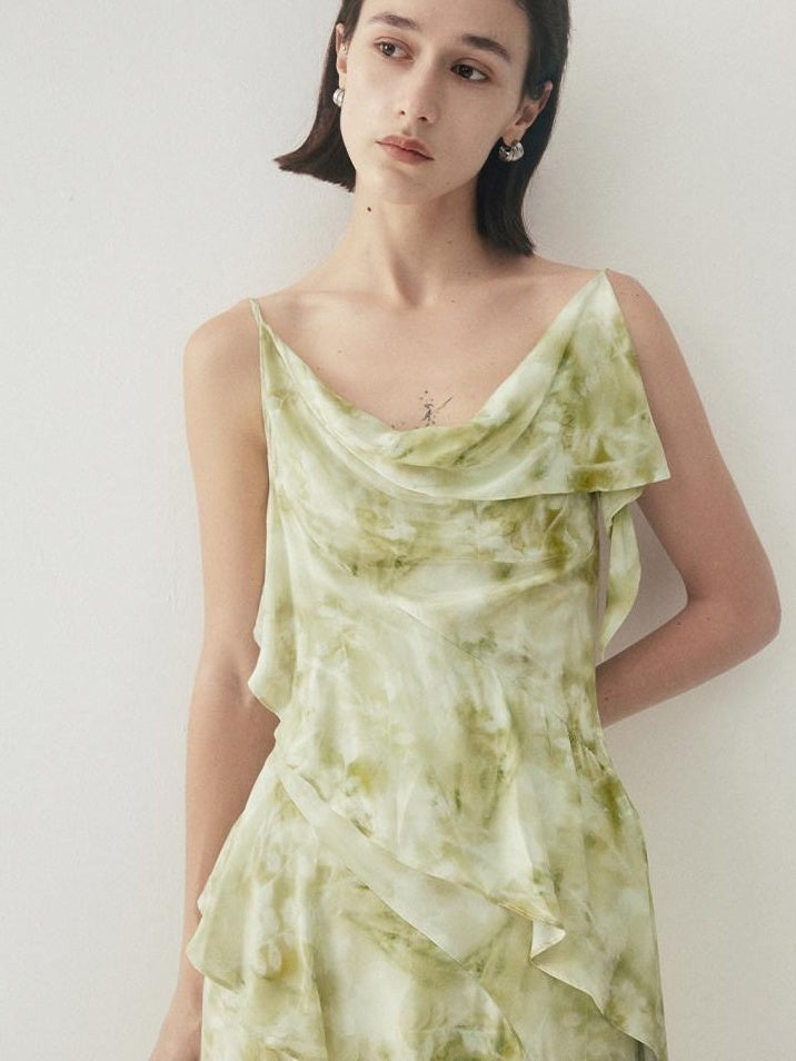 someonesometimes Viscose Asymmetric Ruffle Hem Cinched Waist Aline Lake Green Maxi Dresses