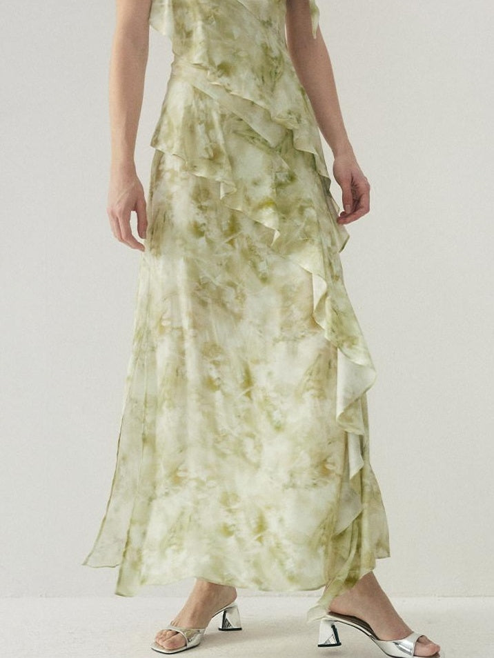 someonesometimes Viscose Asymmetric Ruffle Hem Cinched Waist Aline Lake Green Maxi Dresses