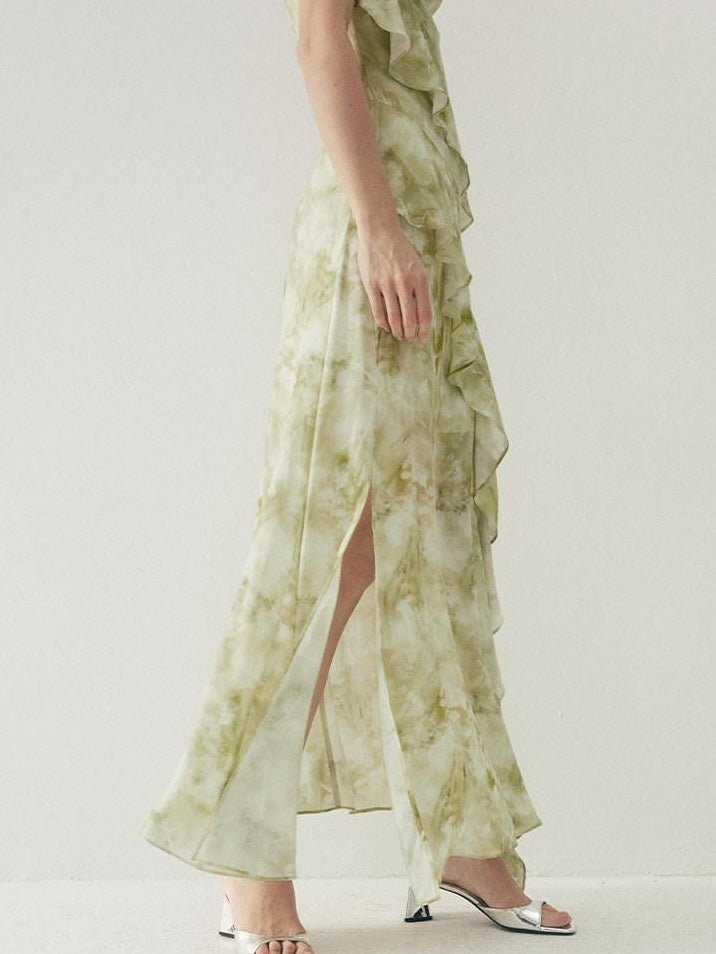 someonesometimes Viscose Asymmetric Ruffle Hem Cinched Waist Aline Lake Green Maxi Dresses