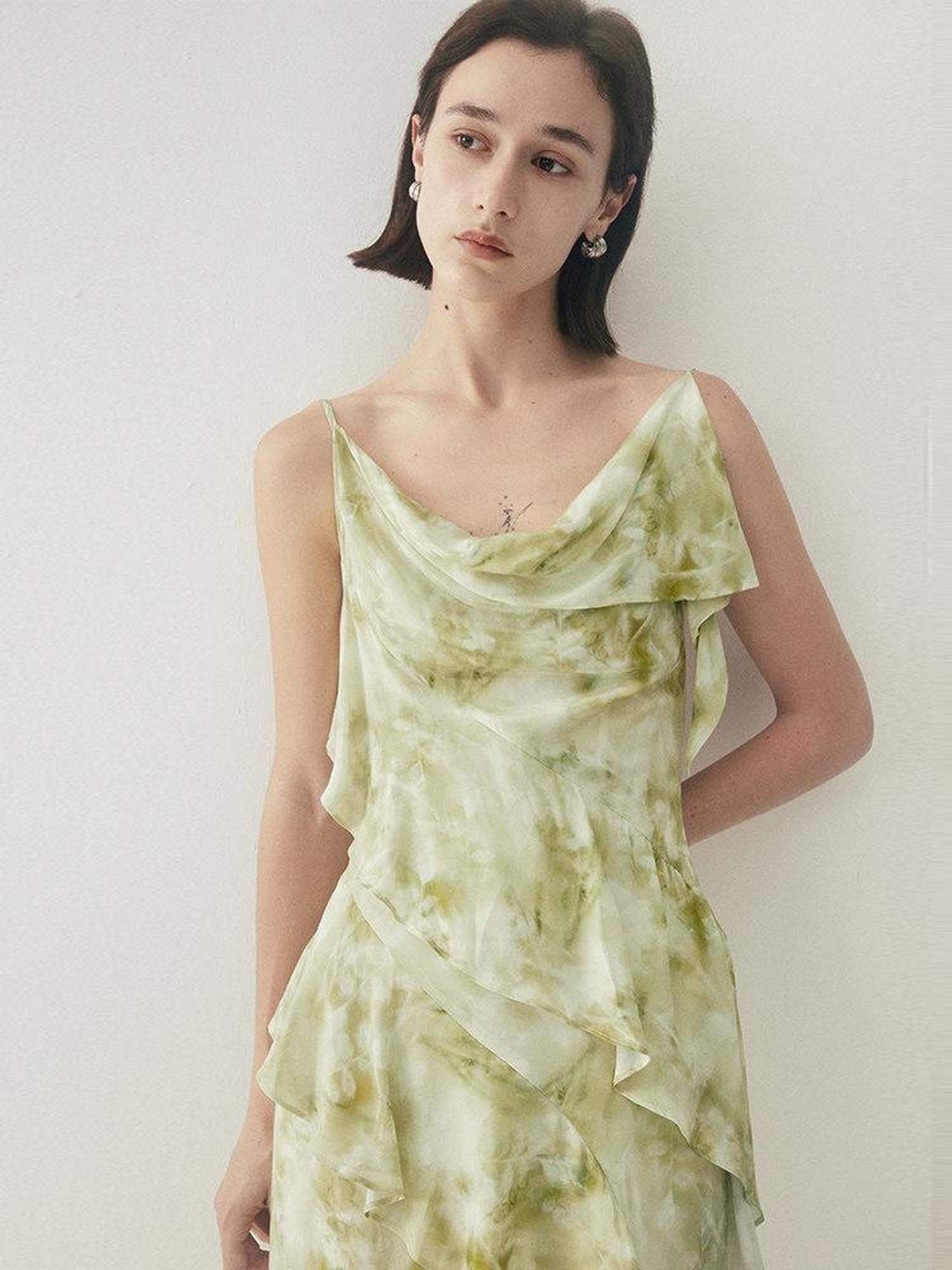 someonesometimes Viscose Asymmetric Ruffle Hem Cinched Waist Aline Lake Green Maxi Dresses