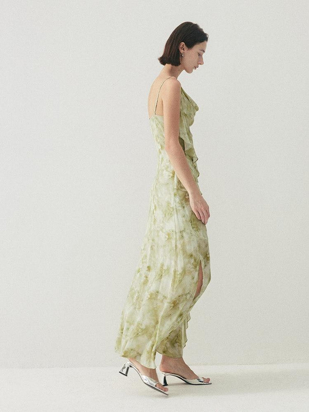 someonesometimes Viscose Asymmetric Ruffle Hem Cinched Waist Aline Lake Green Maxi Dresses