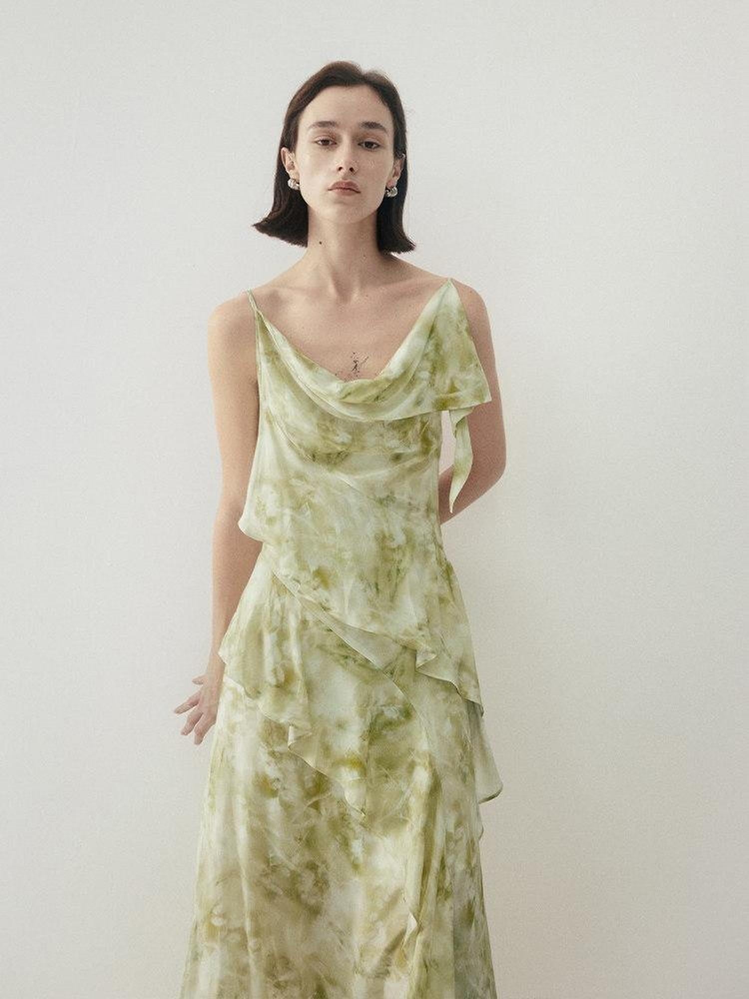 someonesometimes Viscose Asymmetric Ruffle Hem Cinched Waist Aline Lake Green Maxi Dresses