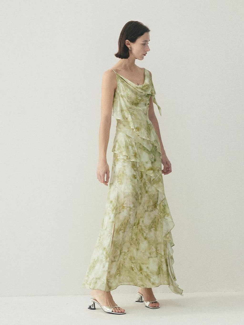 someonesometimes Viscose Asymmetric Ruffle Hem Cinched Waist Aline Lake Green Maxi Dresses