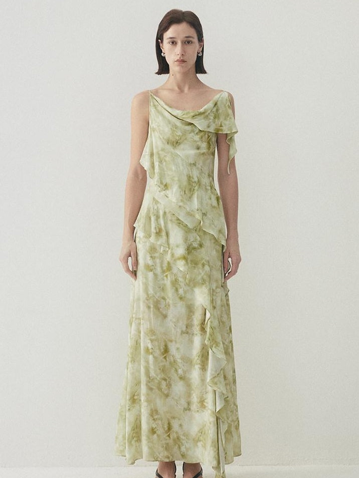 someonesometimes Viscose Asymmetric Ruffle Hem Cinched Waist Aline Lake Green Maxi Dresses