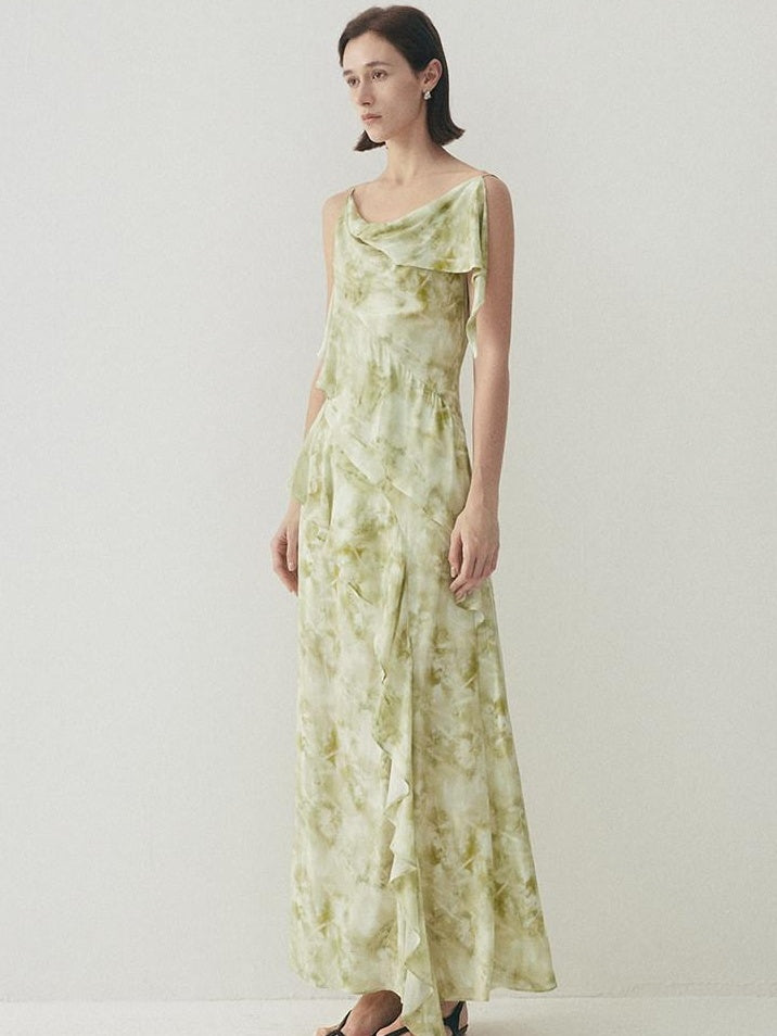 someonesometimes Viscose Asymmetric Ruffle Hem Cinched Waist Aline Lake Green Maxi Dresses