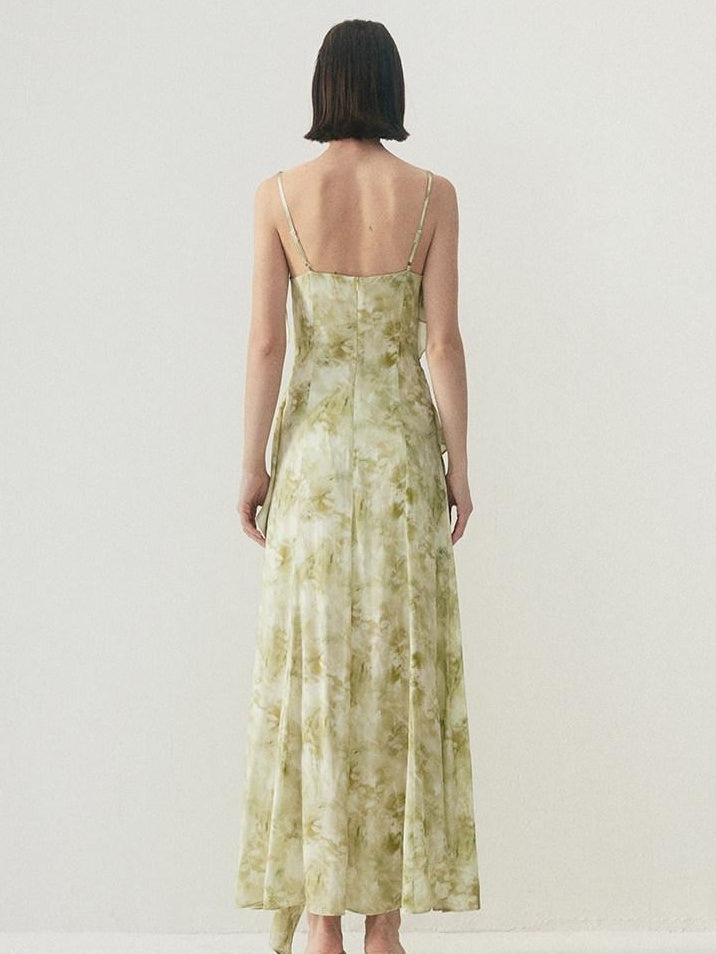 someonesometimes Viscose Asymmetric Ruffle Hem Cinched Waist Aline Lake Green Maxi Dresses
