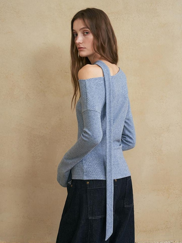 someonesometimes Viscose Blend Casual Slim Asymmetric Neck Knit Long Sleeve Sky Blue Sweaters
