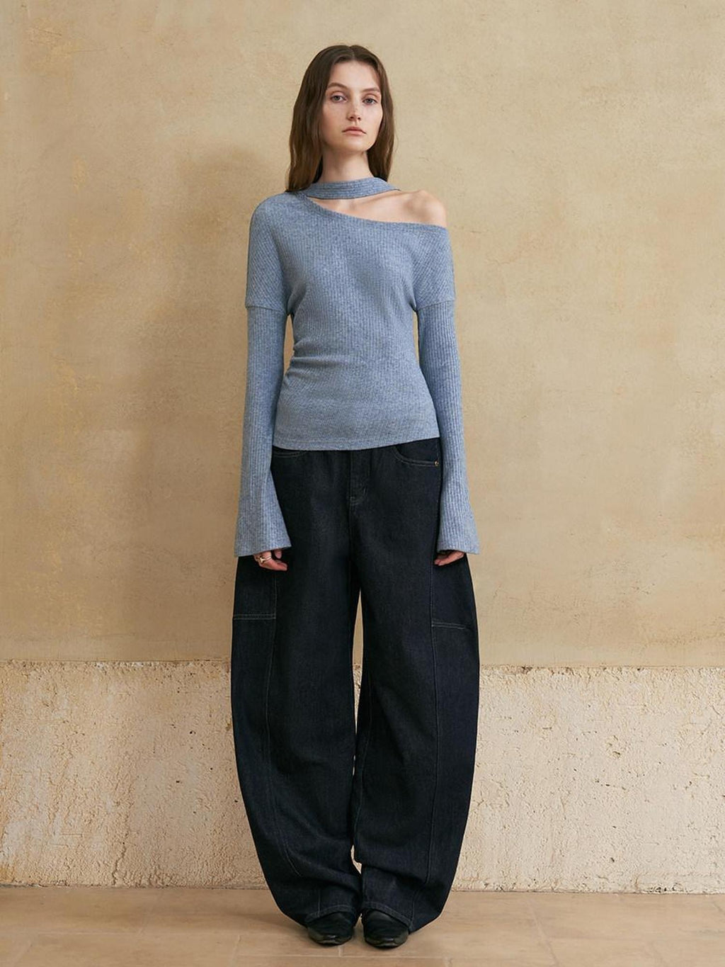 someonesometimes Viscose Blend Casual Slim Asymmetric Neck Knit Long Sleeve Sky Blue Sweaters