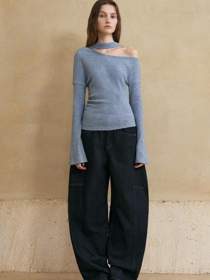 someonesometimes Viscose Blend Casual Slim Asymmetric Neck Knit Long Sleeve Sky Blue Sweaters