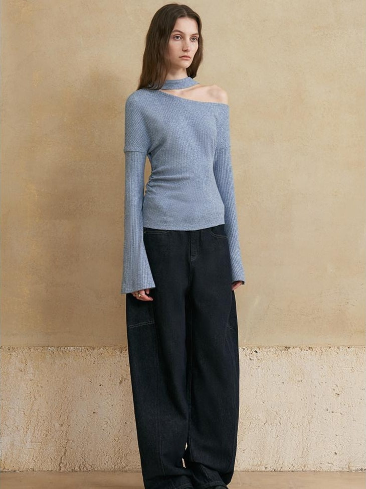 someonesometimes Viscose Blend Casual Slim Asymmetric Neck Knit Long Sleeve Sky Blue Sweaters
