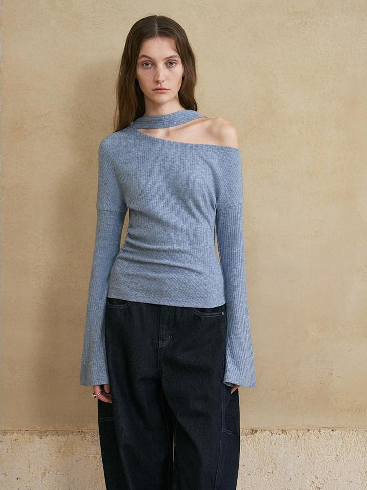 someonesometimes Viscose Blend Casual Slim Asymmetric Neck Knit Long Sleeve Sky Blue Sweaters