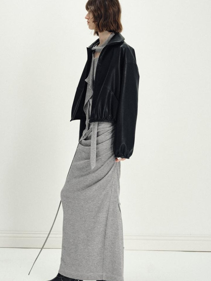 someonesometimes Viscose Blend Crew Neck Long Sleeve Heather Gray Two Piece Top & Skirt Sets