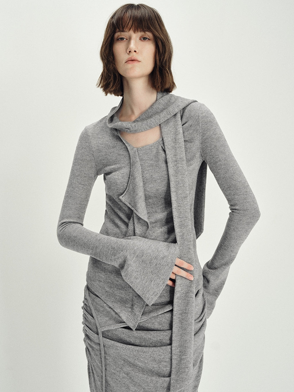 someonesometimes Viscose Blend Crew Neck Long Sleeve Heather Gray Two Piece Top & Skirt Sets