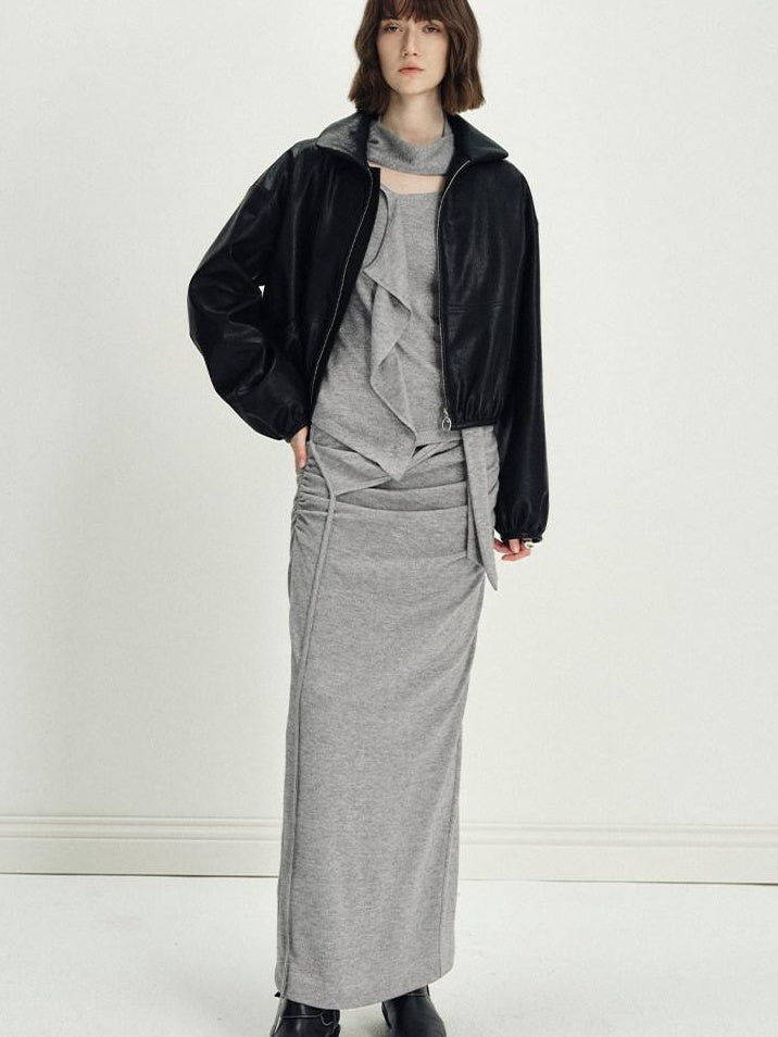 someonesometimes Viscose Blend Crew Neck Long Sleeve Heather Gray Two Piece Top & Skirt Sets