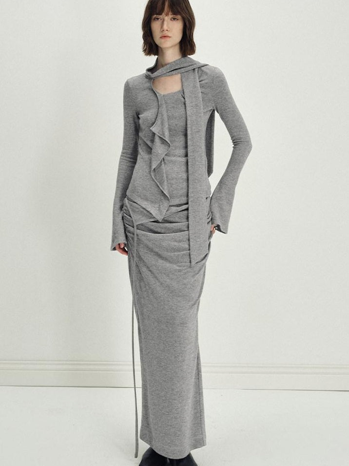 someonesometimes Viscose Blend Crew Neck Long Sleeve Heather Gray Two Piece Top & Skirt Sets