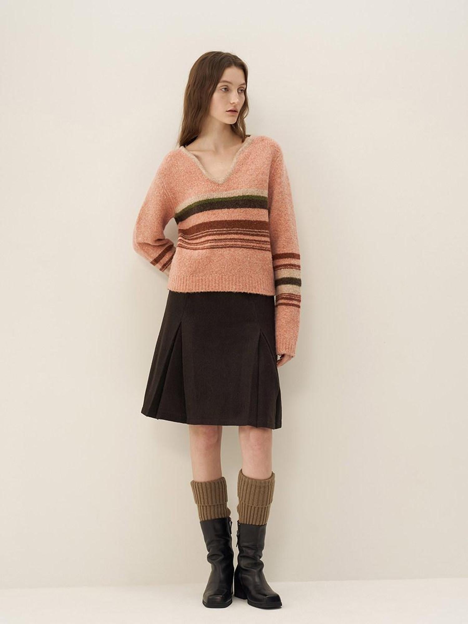 someonesometimes Warm Wool Blend Slim Fit V-neck Long Sleeve Office Striped Coral Pink Sweaters