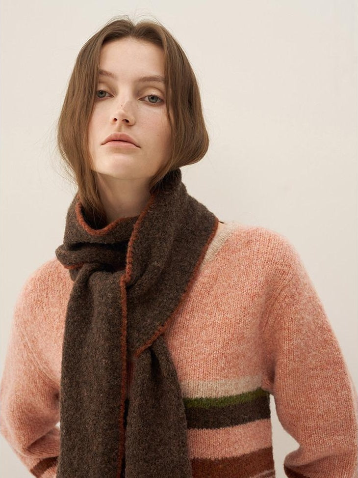 someonesometimes Warm Wool Blend Slim Fit V-neck Long Sleeve Office Striped Coral Pink Sweaters