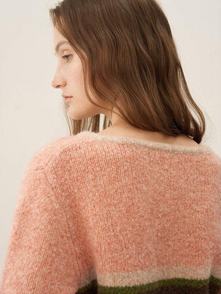 someonesometimes Warm Wool Blend Slim Fit V-neck Long Sleeve Office Striped Coral Pink Sweaters