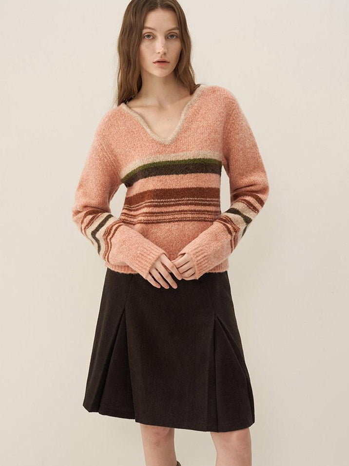someonesometimes Warm Wool Blend Slim Fit V-neck Long Sleeve Office Striped Coral Pink Sweaters