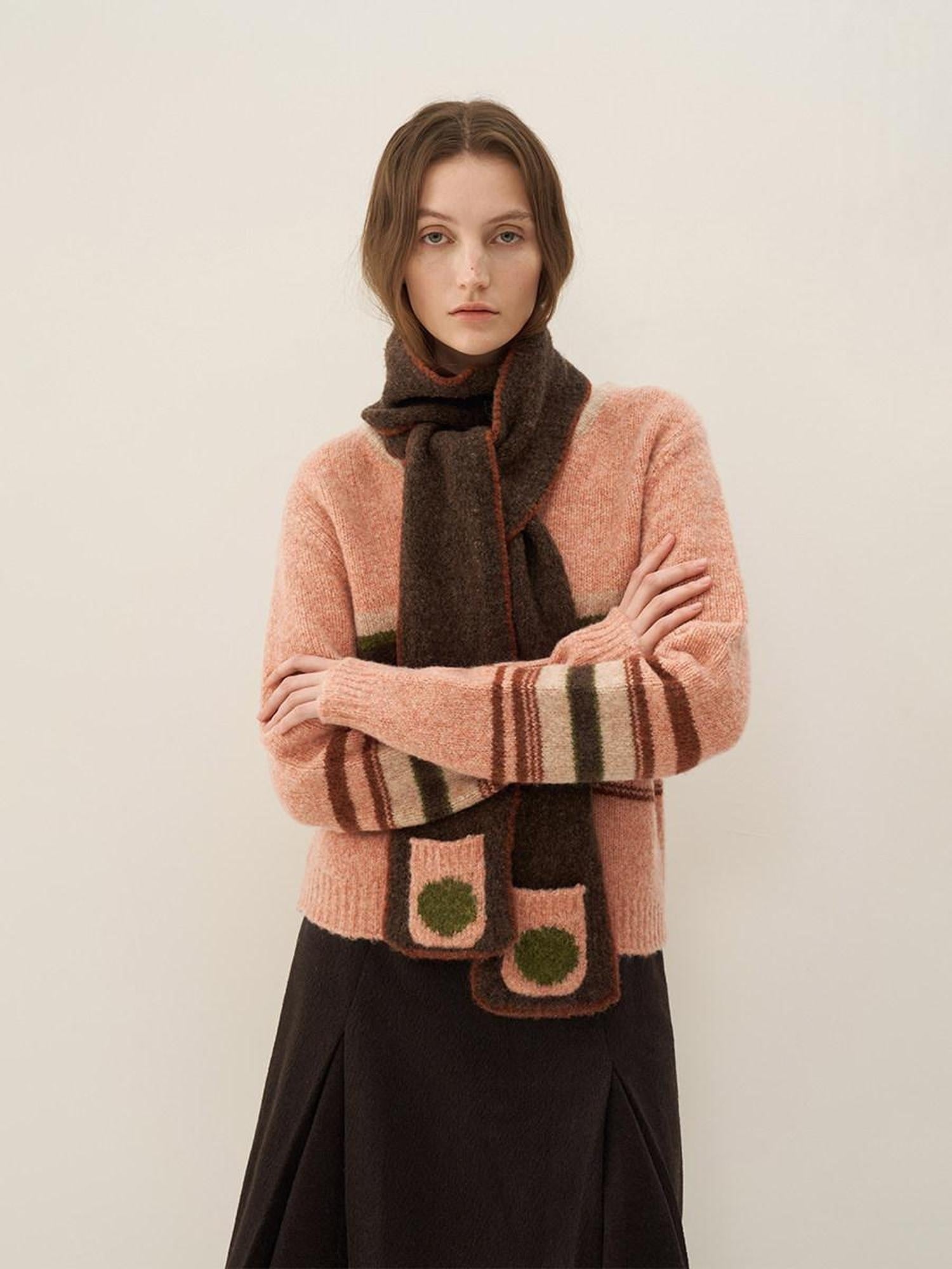 someonesometimes Warm Wool Blend Slim Fit V-neck Long Sleeve Office Striped Coral Pink Sweaters
