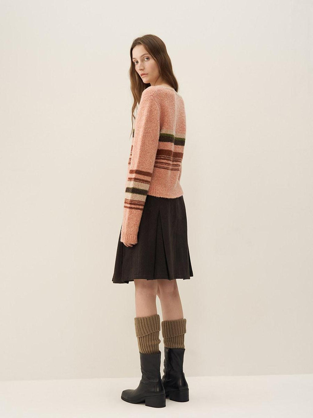 someonesometimes Warm Wool Blend Slim Fit V-neck Long Sleeve Office Striped Coral Pink Sweaters