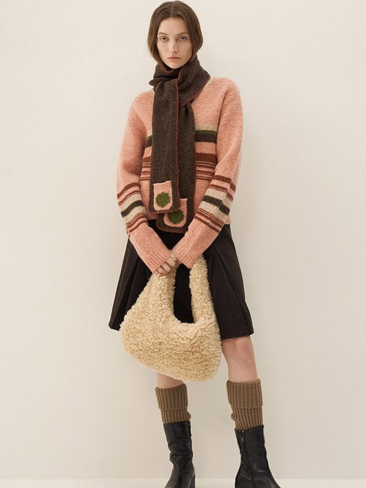 someonesometimes Warm Wool Blend Slim Fit V-neck Long Sleeve Office Striped Coral Pink Sweaters