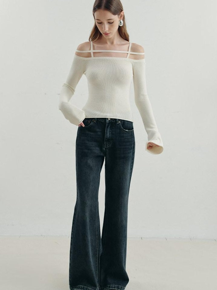 someonesometimes Warming Viscose Knit Boat Neck Straight Fit Solid Long Sleeve T-Shirts