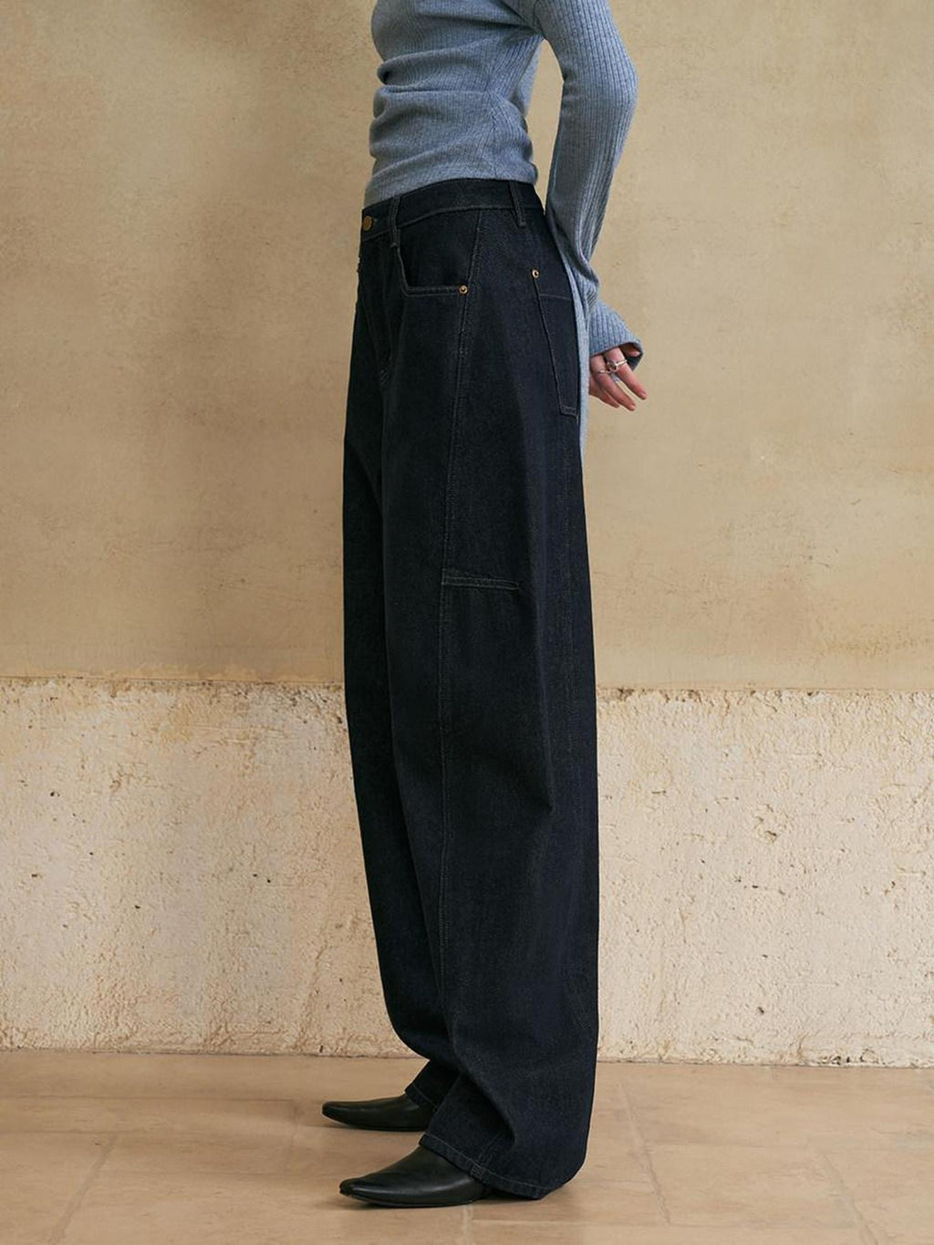 someonesometimes Washed Denim Loose Banana Fit Natural Waist Zipper Casual Blue Wide Leg Pants