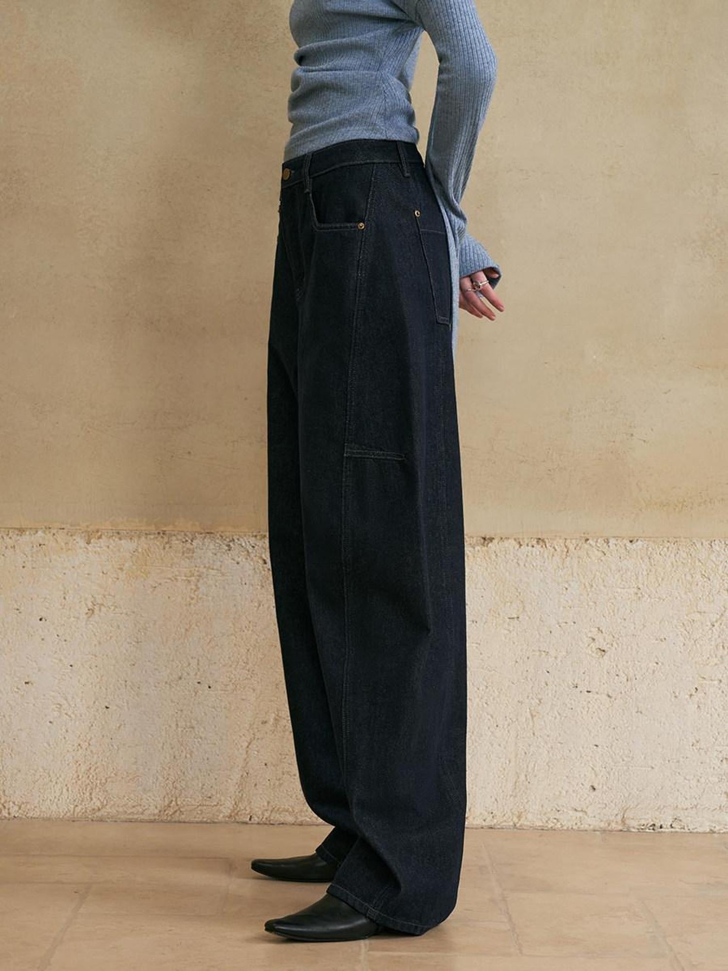 someonesometimes Washed Denim Loose Banana Fit Natural Waist Zipper Casual Blue Wide Leg Pants