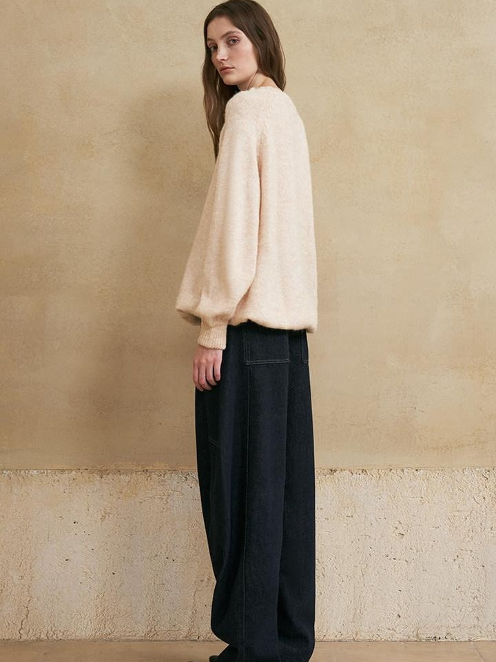 someonesometimes Washed Denim Loose Banana Fit Natural Waist Zipper Casual Blue Wide Leg Pants