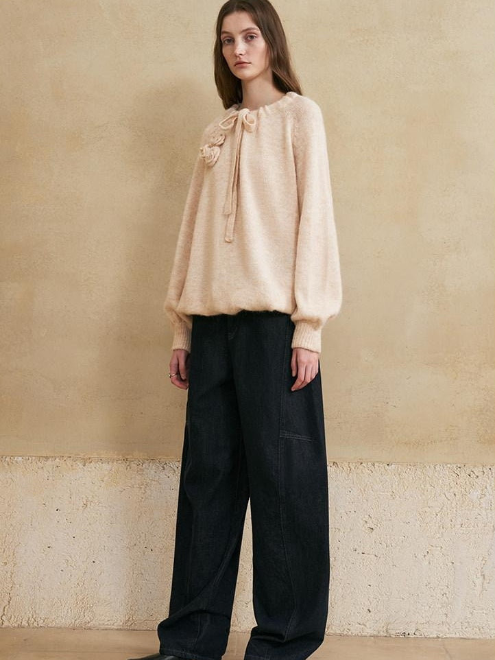 someonesometimes Washed Denim Loose Banana Fit Natural Waist Zipper Casual Blue Wide Leg Pants