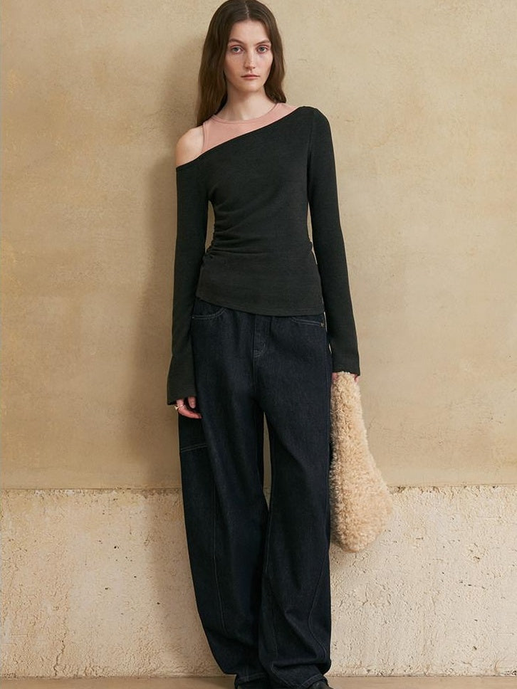 someonesometimes Washed Denim Loose Banana Fit Natural Waist Zipper Casual Blue Wide Leg Pants