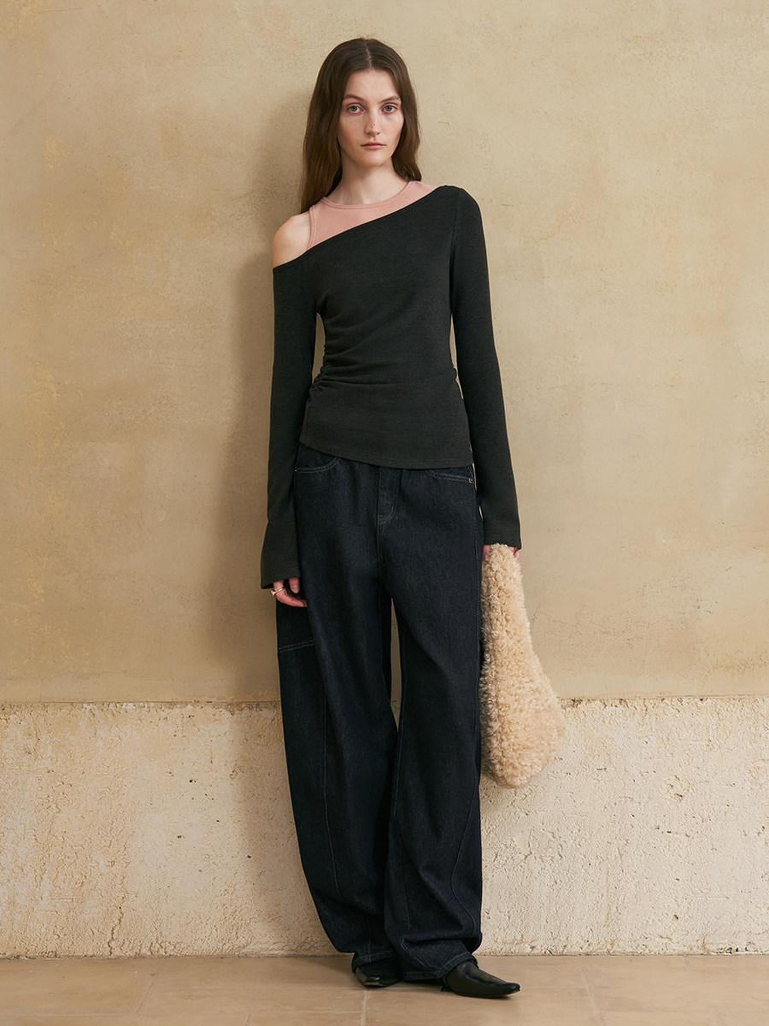 someonesometimes Washed Denim Loose Banana Fit Natural Waist Zipper Casual Blue Wide Leg Pants