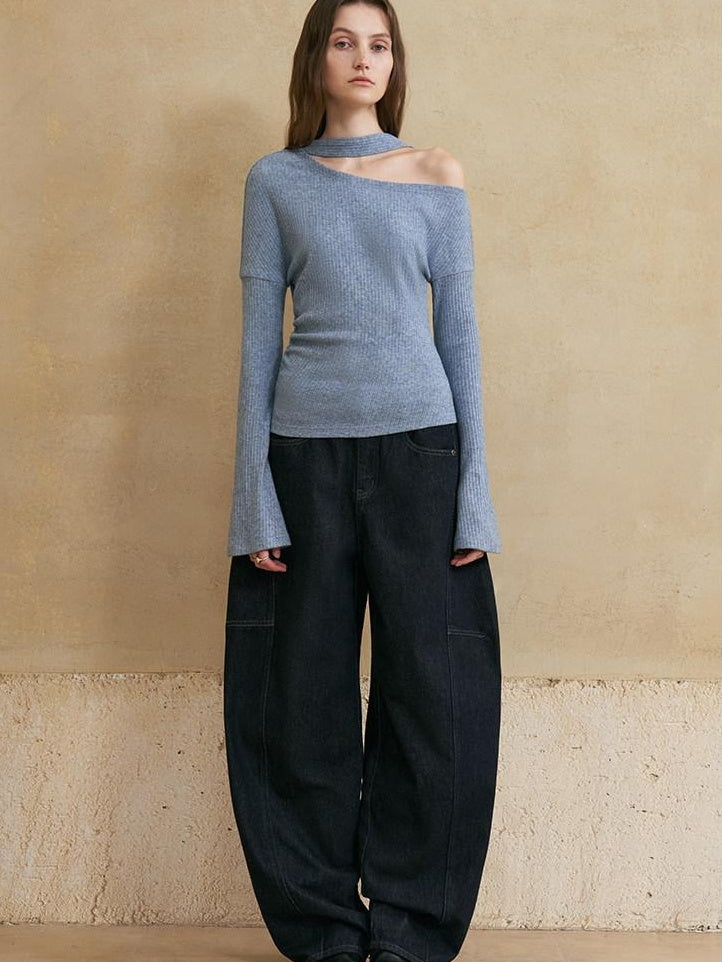 someonesometimes Washed Denim Loose Banana Fit Natural Waist Zipper Casual Blue Wide Leg Pants