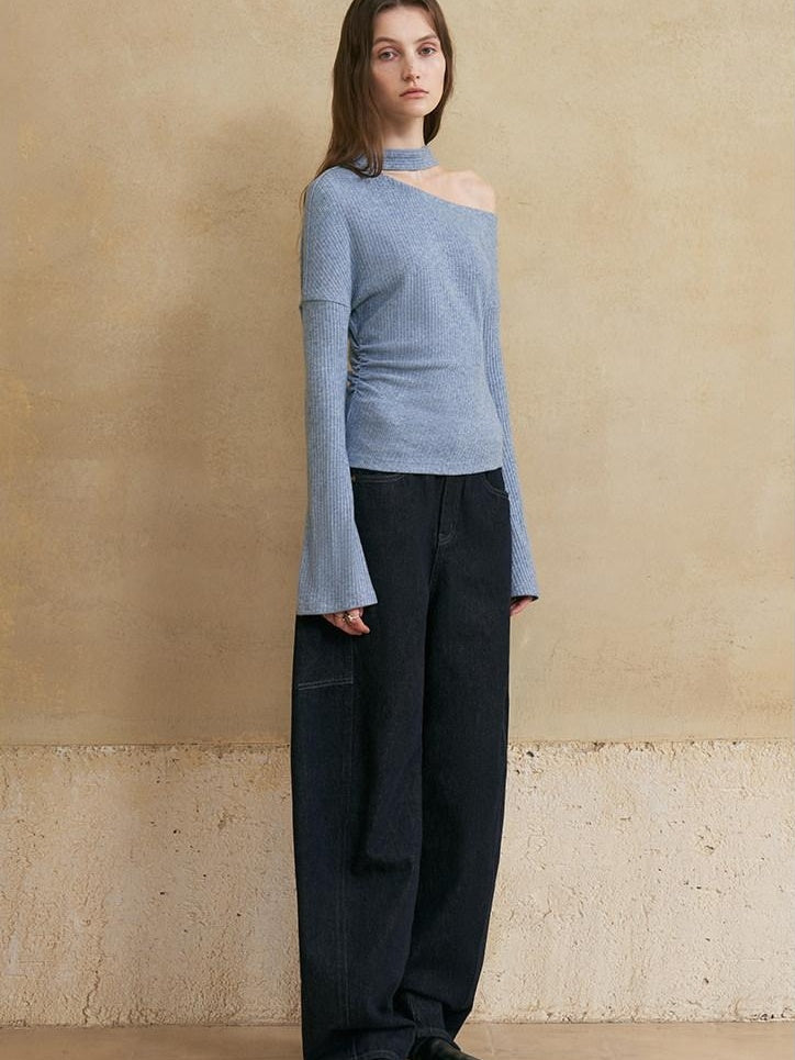 someonesometimes Washed Denim Loose Banana Fit Natural Waist Zipper Casual Blue Wide Leg Pants