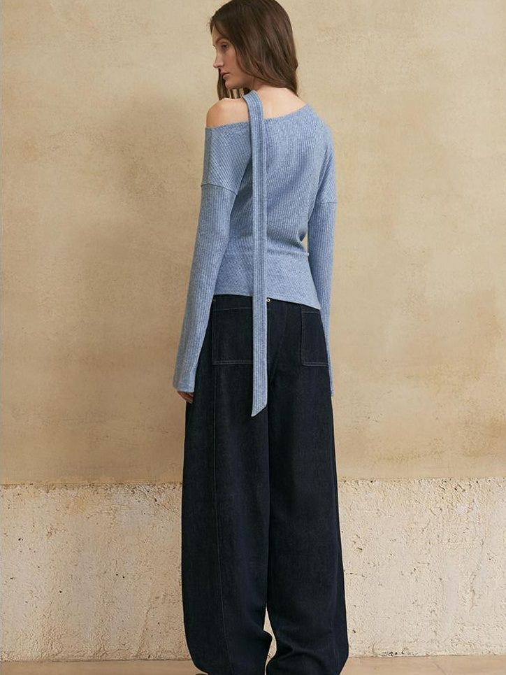 someonesometimes Washed Denim Loose Banana Fit Natural Waist Zipper Casual Blue Wide Leg Pants