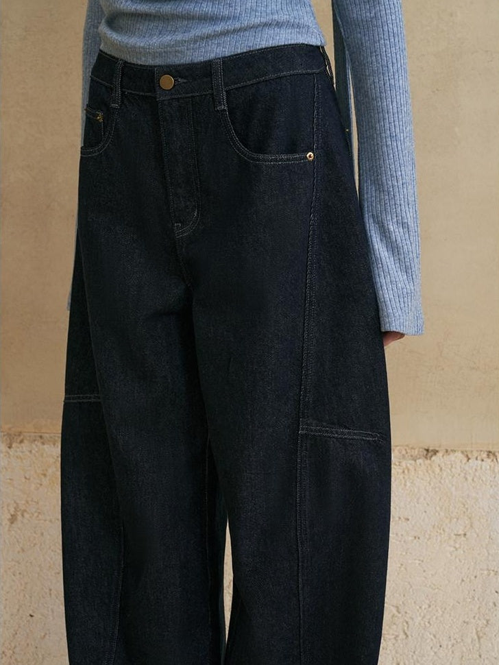someonesometimes Washed Denim Loose Banana Fit Natural Waist Zipper Casual Blue Wide Leg Pants