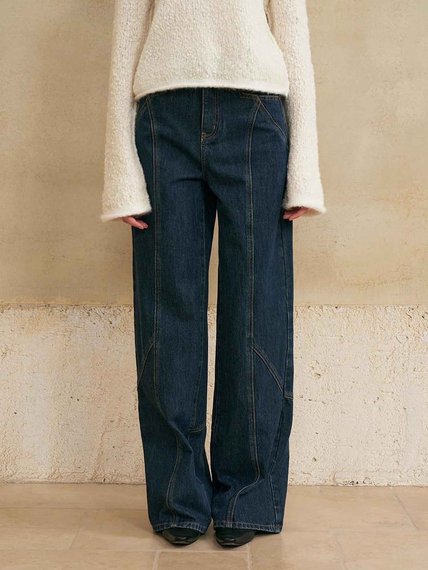 someonesometimes Washed Denim Relaxed Natural Waist Casual Zip Fly Blue Straight Leg Jeans