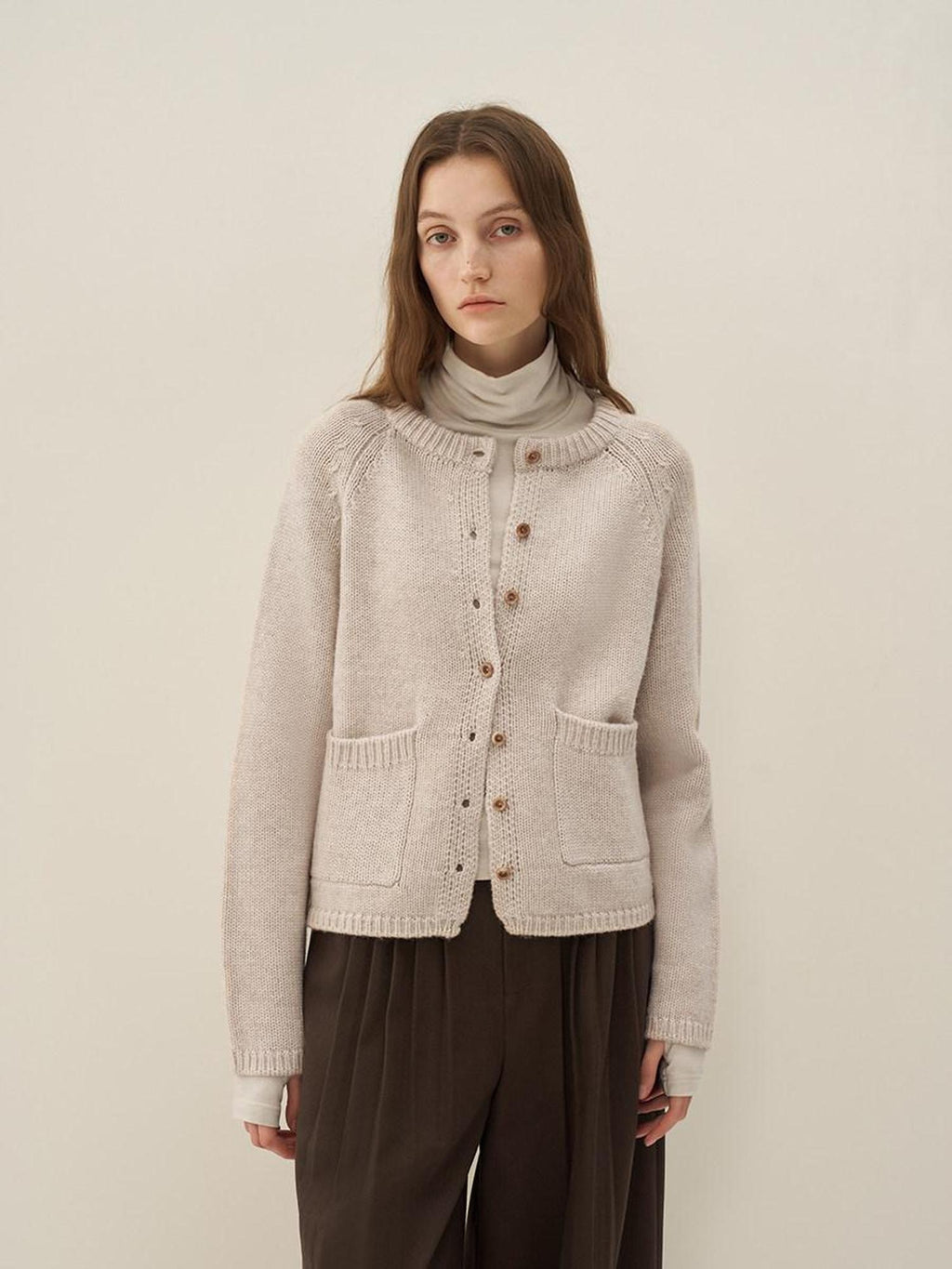 someonesometimes Wool Blend Button Front Round Neck Long Sleeve Commuter Oatmeal Beige Cardigans