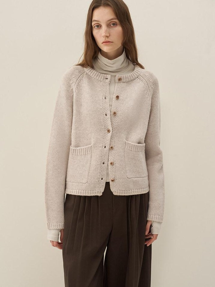 someonesometimes Wool Blend Button Front Round Neck Long Sleeve Commuter Oatmeal Beige Cardigans