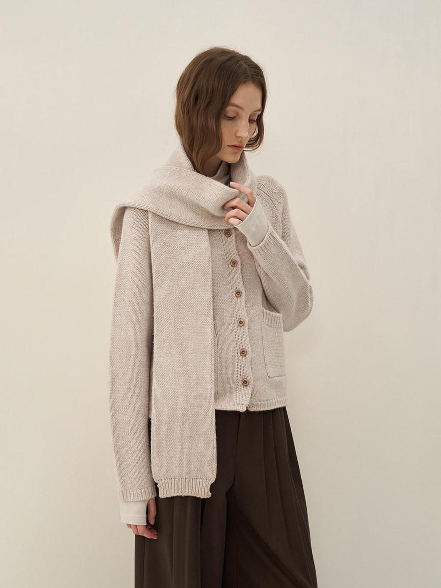 someonesometimes Wool Blend Button Front Round Neck Long Sleeve Commuter Oatmeal Beige Cardigans