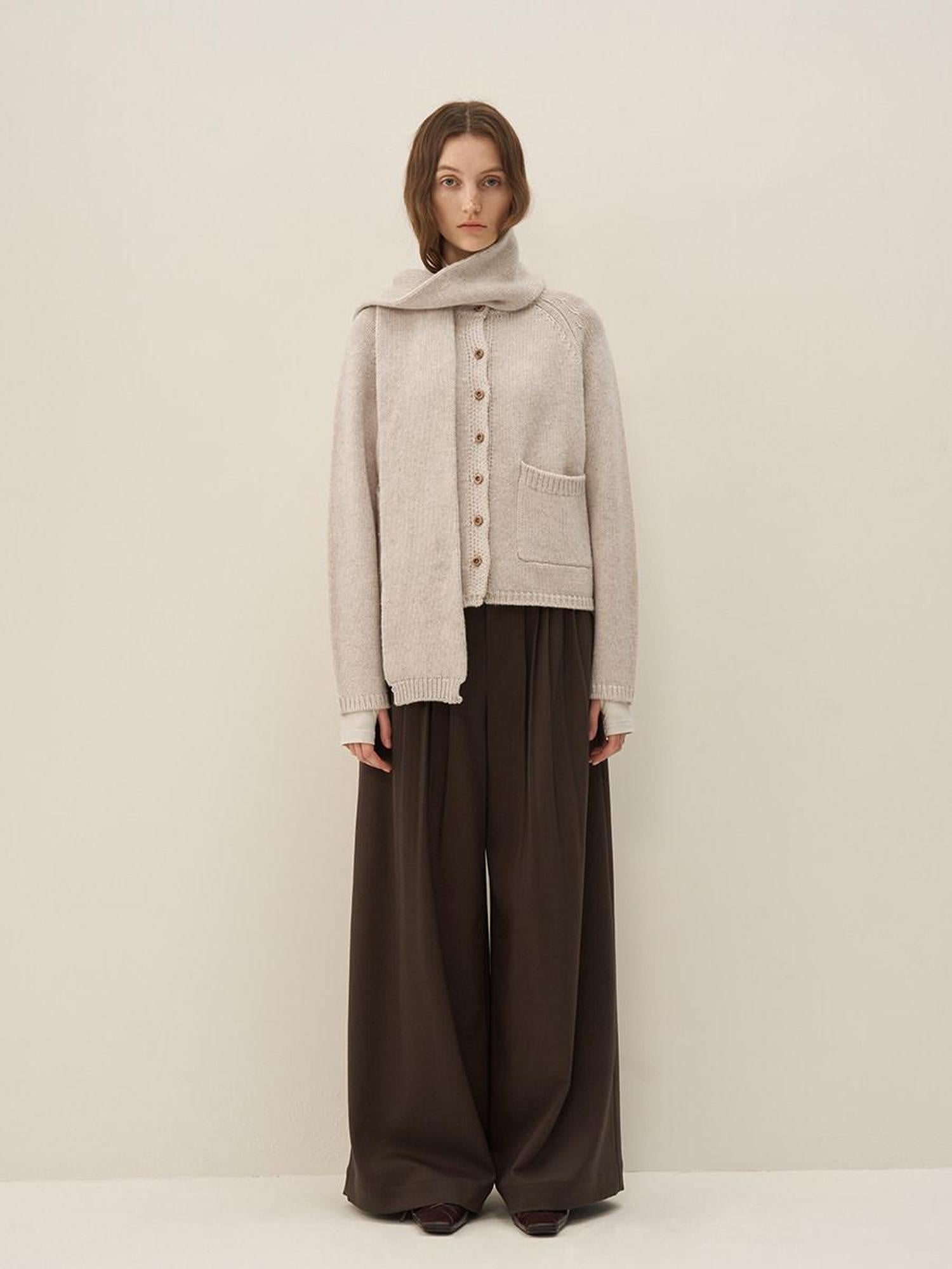 someonesometimes Wool Blend Button Front Round Neck Long Sleeve Commuter Oatmeal Beige Cardigans