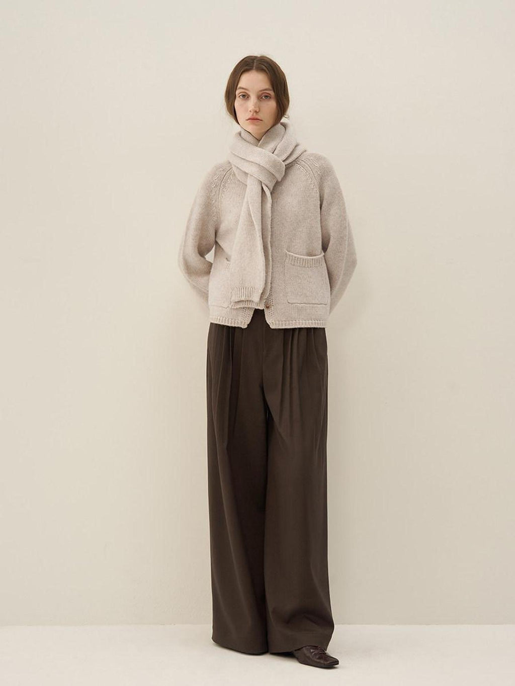 someonesometimes Wool Blend Button Front Round Neck Long Sleeve Commuter Oatmeal Beige Cardigans