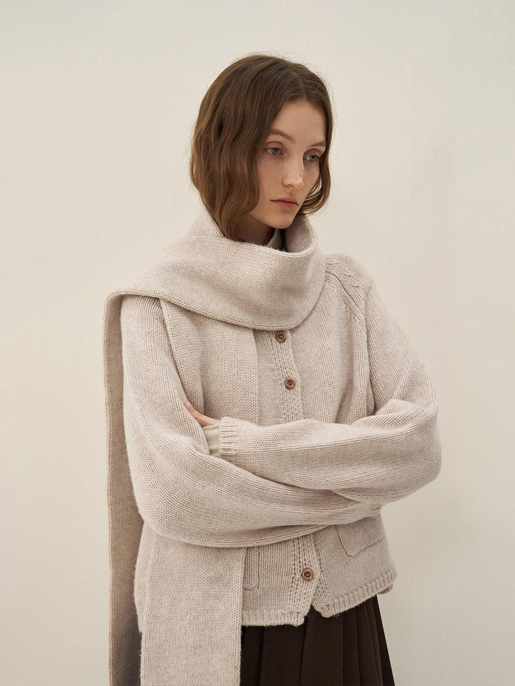 someonesometimes Wool Blend Button Front Round Neck Long Sleeve Commuter Oatmeal Beige Cardigans