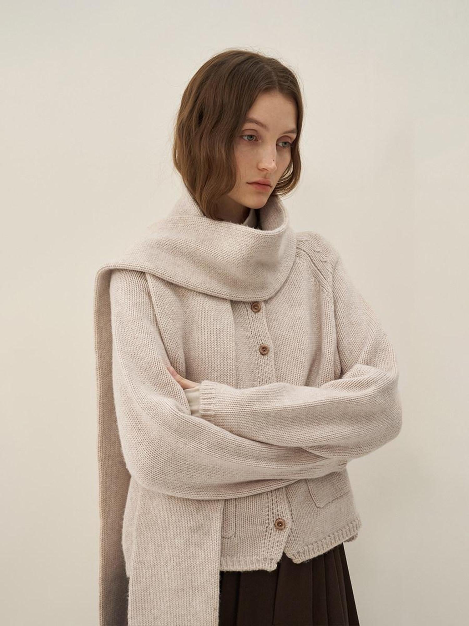someonesometimes Wool Blend Button Front Round Neck Long Sleeve Commuter Oatmeal Beige Cardigans