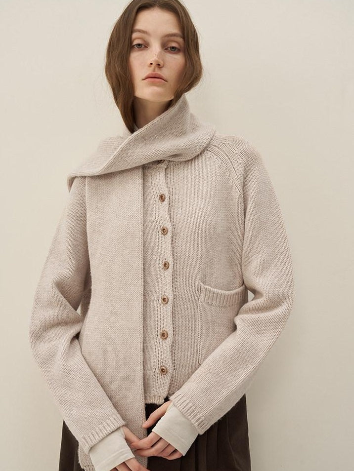 someonesometimes Wool Blend Button Front Round Neck Long Sleeve Commuter Oatmeal Beige Cardigans