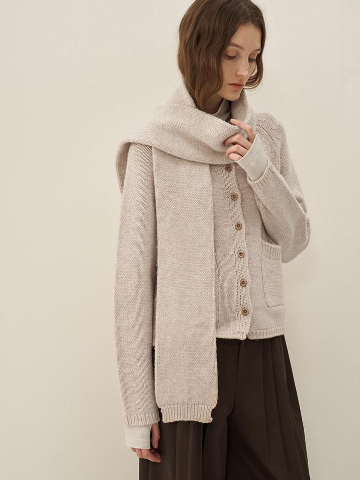 someonesometimes Wool Blend Button Front Round Neck Long Sleeve Commuter Oatmeal Beige Cardigans