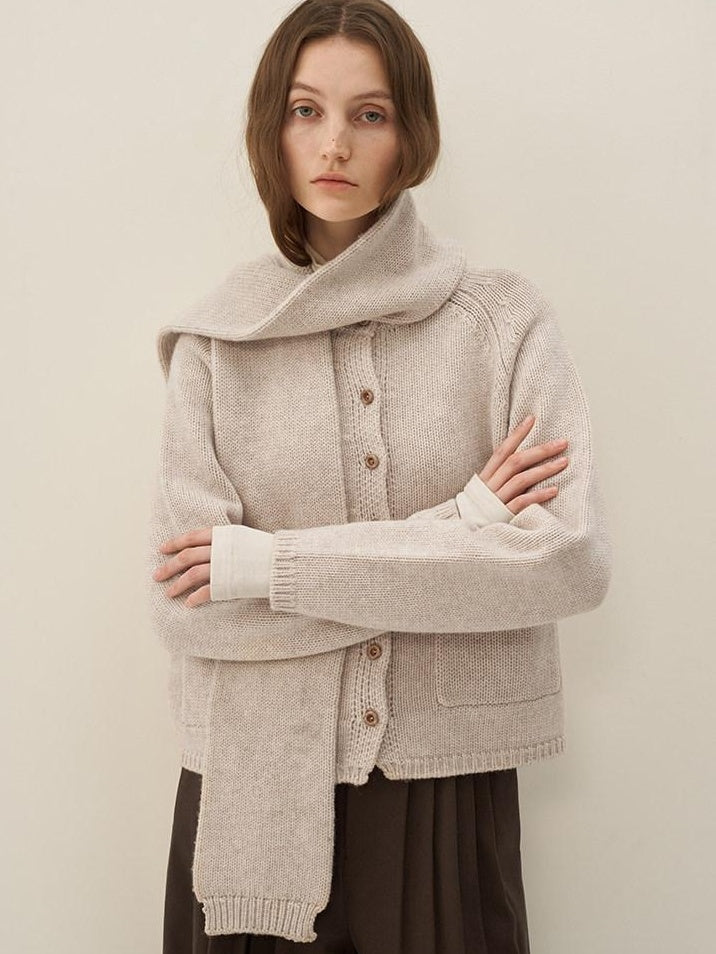 someonesometimes Wool Blend Button Front Round Neck Long Sleeve Commuter Oatmeal Beige Cardigans