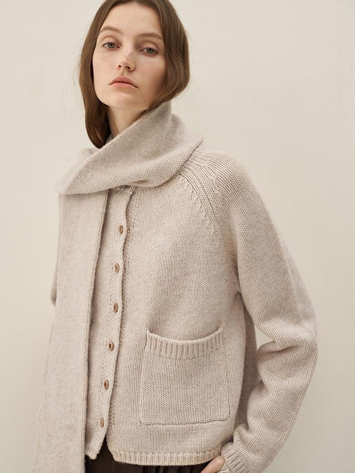 someonesometimes Wool Blend Button Front Round Neck Long Sleeve Commuter Oatmeal Beige Cardigans