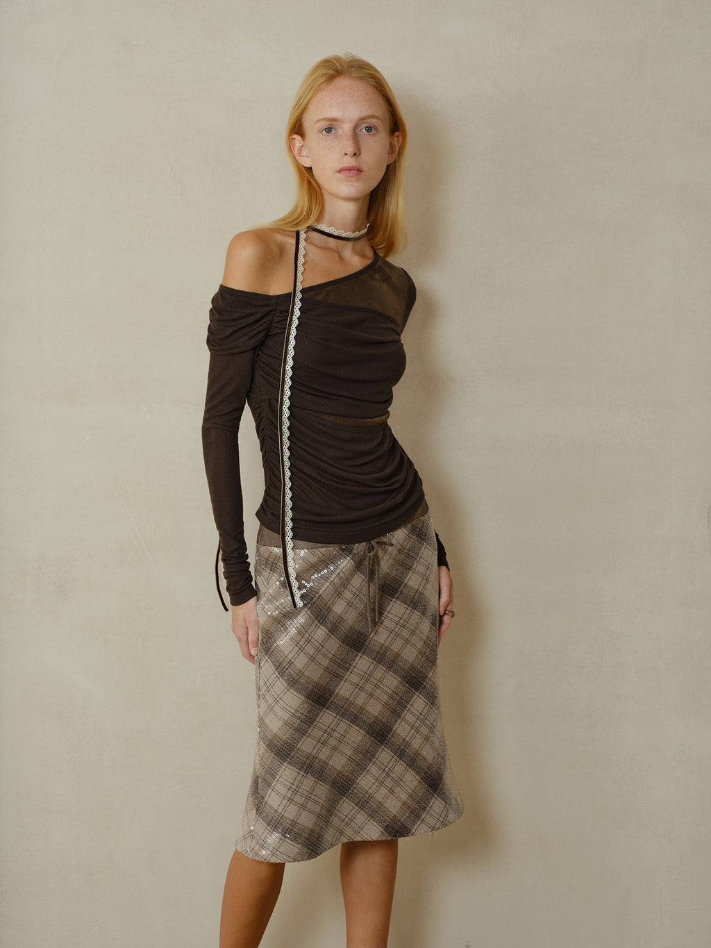 someonesometimes Wool Blend Knit Asymmetrical Slim Fit Casual Dark Coffee Long Sleeve T-Shirts